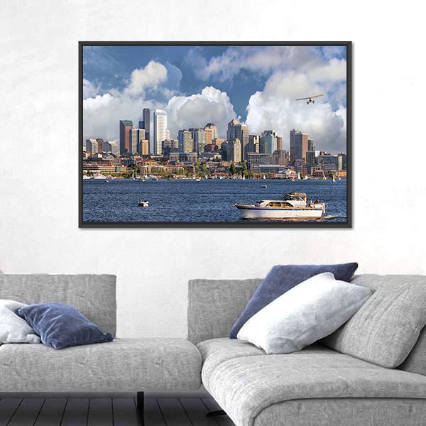 Union Lake With Seattle Washington City Canvas Wall Art-1 Piece-Floating Frame-36" x 24"-Tiaracle