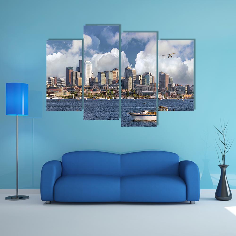 Union Lake With Seattle Washington City Canvas Wall Art-4 Pop-Gallery Wrap-50" x 32"-Tiaracle