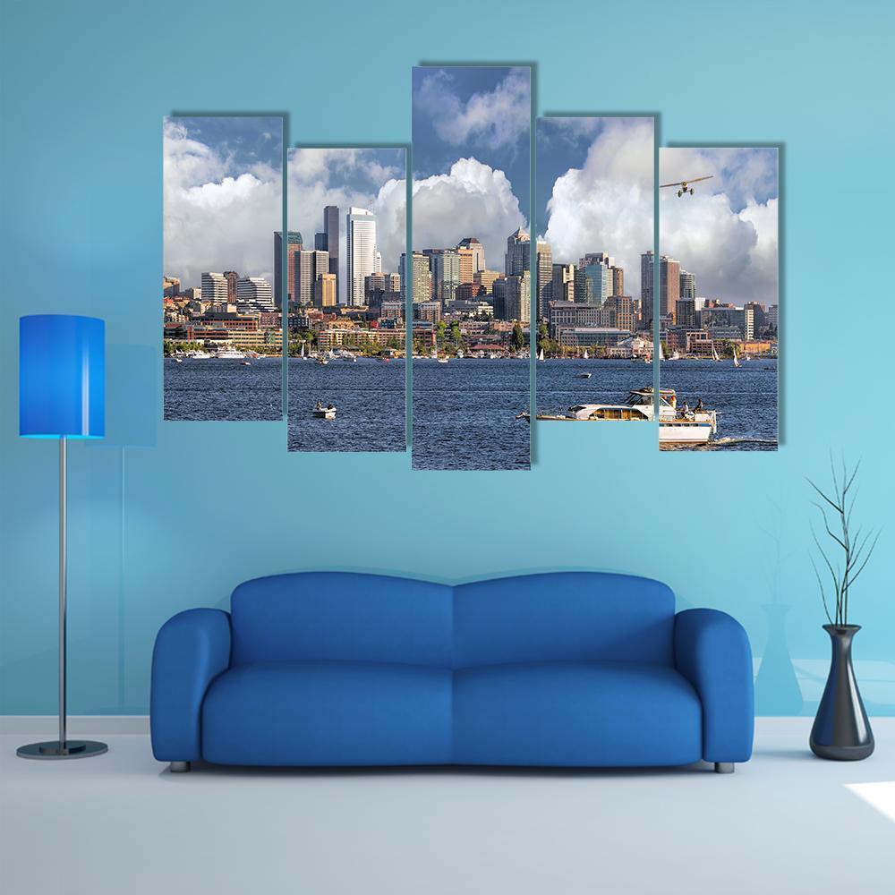 Union Lake With Seattle Washington City Canvas Wall Art-5 Pop-Gallery Wrap-47" x 32"-Tiaracle
