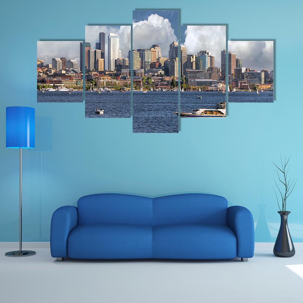 Union Lake With Seattle Washington City Canvas Wall Art-4 Pop-Gallery Wrap-50" x 32"-Tiaracle