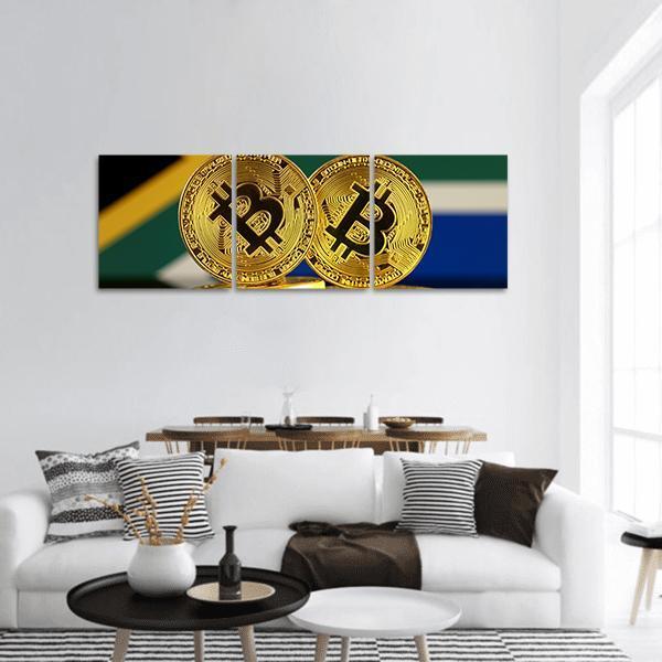 Bitcoin Coins with South African Flag Panoramic Canvas Wall Art in gold, green and blue, single panel hung on a wall