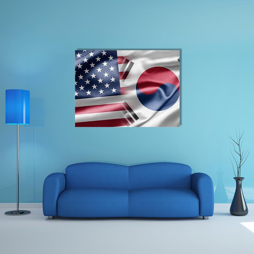 United States and South Korea Flags Canvas Wall Art in white, red and blue, single panel hung on a wall