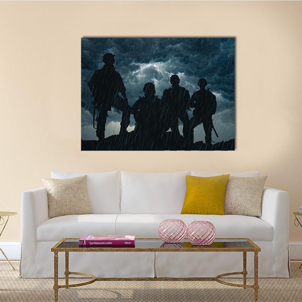 Us Army Rangers Silhouetted in Rainy Night Canvas Wall Art in black, gray and blue, single panel hung on a wall