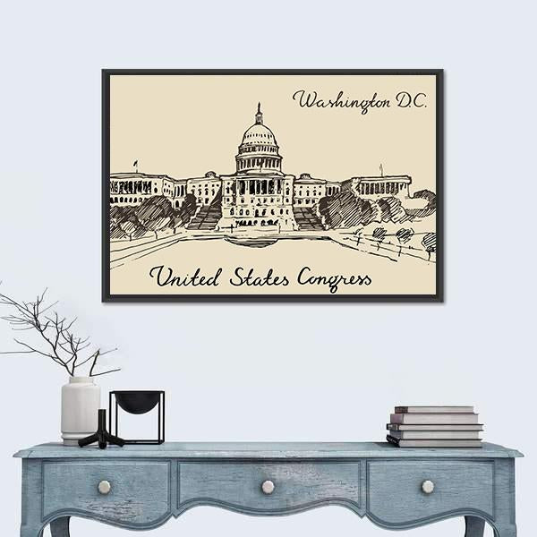 United States Capitol Building, Washington D.c. Canvas Wall Art in black and beige, framed canvas, product view on a white background