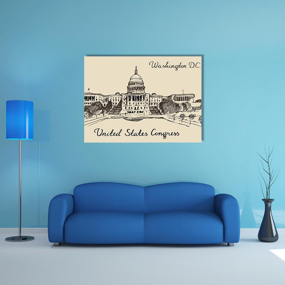 United States Capitol Building, Washington D.c. Canvas Wall Art in black and beige, single panel hung on a wall