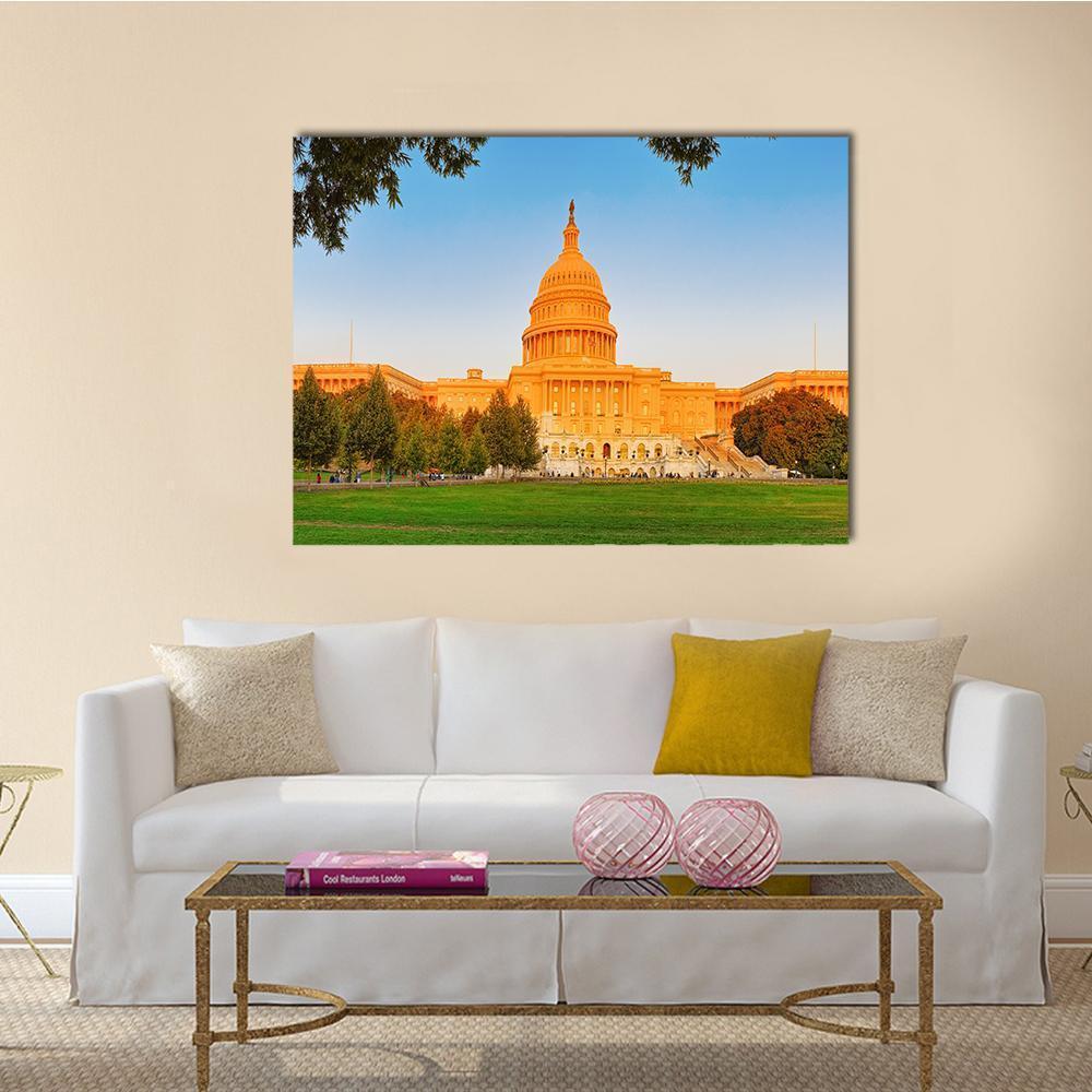United States Capitol Building Canvas Wall Art in orange, green and blue, single panel hung on a wall