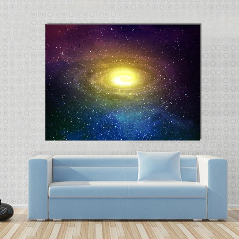 Universe Filled with Stars Nebula and Sky Canvas Wall Art in yellow, blue and purple, single panel hung on a wall