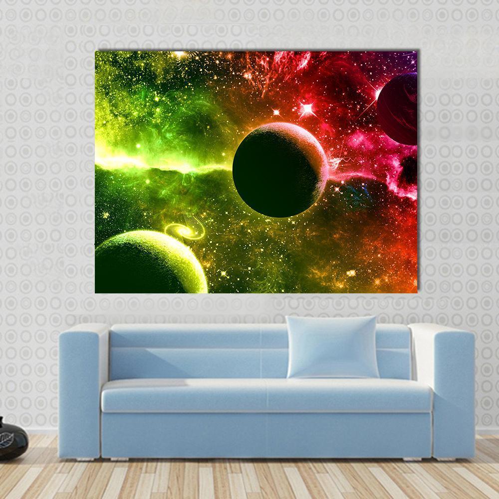 Universe Galaxy Nebula Stars and Planets Canvas Wall Art in red, green and multicolor, single panel hung on a wall