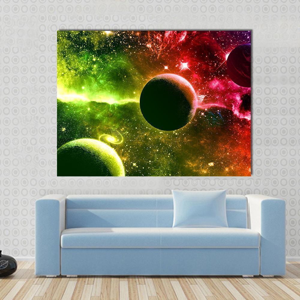 Galaxy Nebula with Glowing Green Planet Canvas Wall Art in red, green and multicolor, single panel hung on a wall