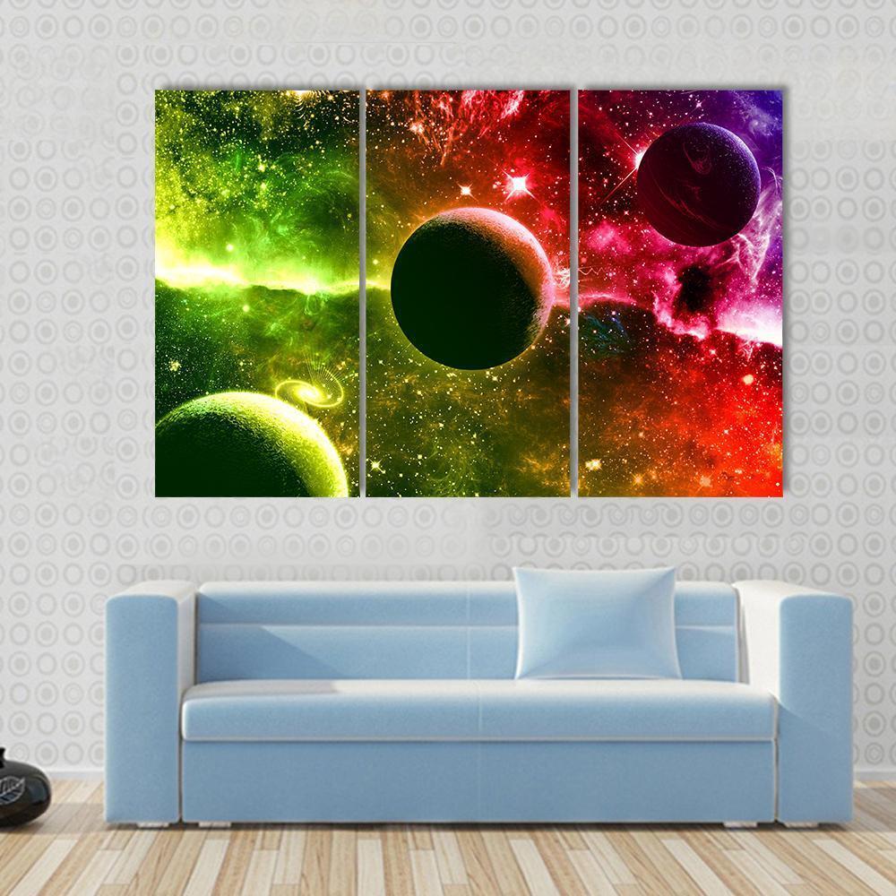 Universe Galaxy Nebula Stars And Planets Canvas Wall Art-3 Horizontal-Gallery Wrap-37" x 24"-Tiaracle