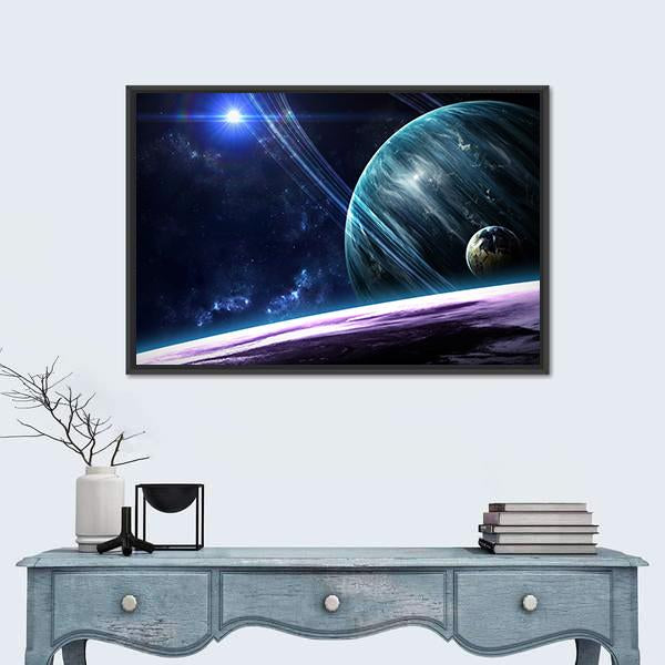 Universe Scene with Planets Stars and Galaxies Canvas Wall Art in black, blue and purple, framed canvas, product view on a white background