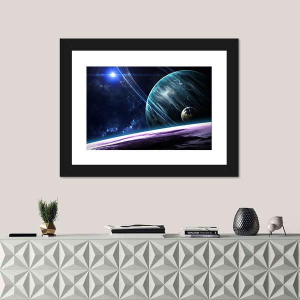 Universe Scene With Planets Stars And Galaxies In Outer Space Canvas Wall Art-1 Piece-Framed Print-20" x 16"-Tiaracle
