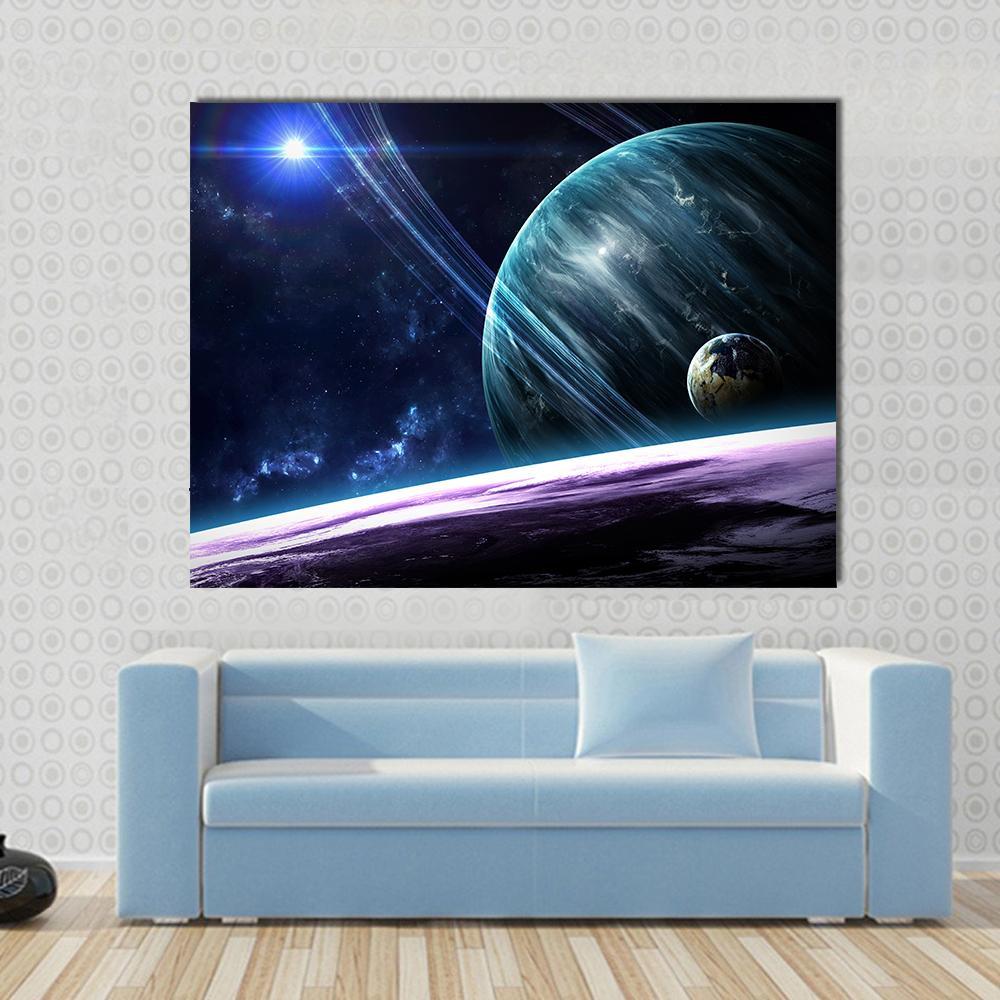 Universe Scene With Planets Stars And Galaxies In Outer Space Canvas Wall Art-1 Piece-Gallery Wrap-48" x 32"-Tiaracle