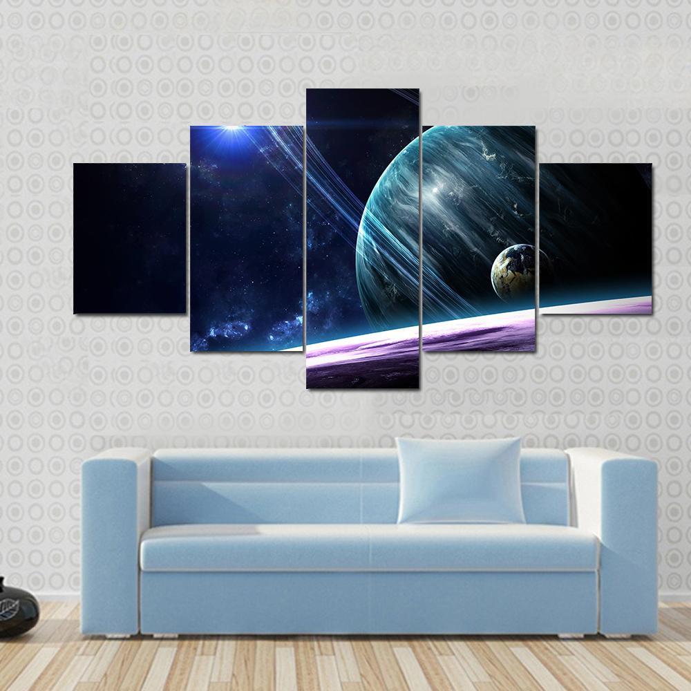 Universe Scene With Planets Stars And Galaxies In Outer Space Canvas Wall Art-5 Star-Gallery Wrap-62" x 32"-Tiaracle