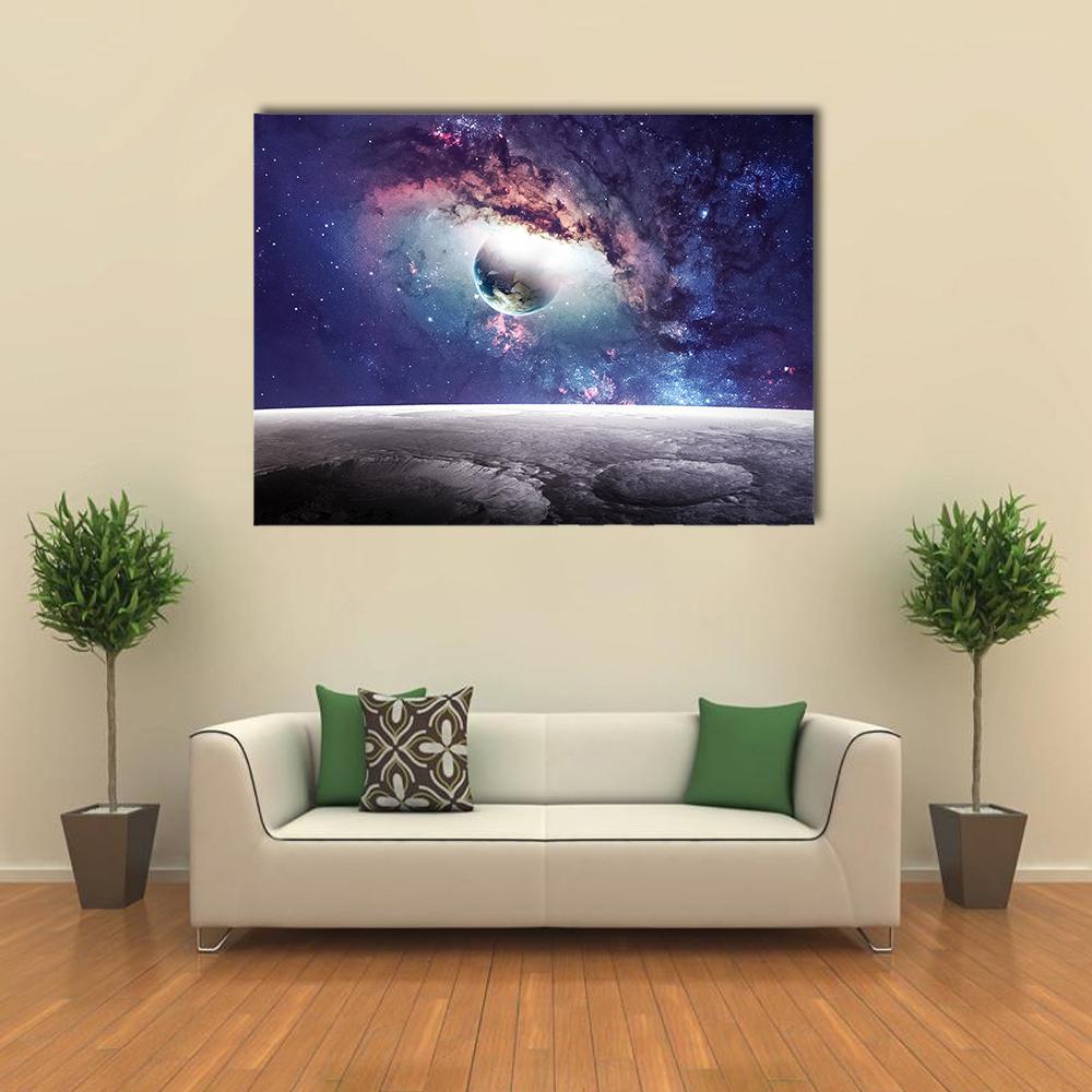 Cratered Planet and Swirling Nebula Canvas Wall Art in gray, blue and purple, single panel hung on a wall
