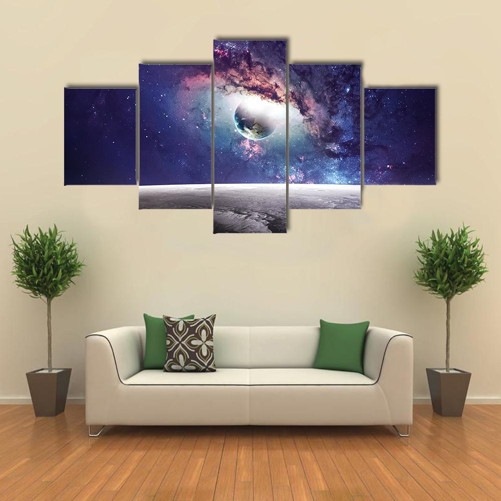 Universe Scene With Planets Stars And Galaxies Canvas Wall Art-5 Star-Gallery Wrap-62" x 32"-Tiaracle