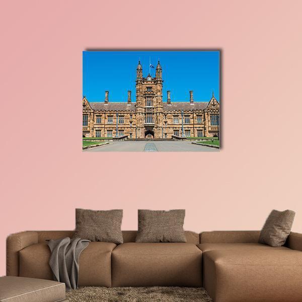 University of Sydney Clock Tower Canvas Wall Art in beige, brown and blue, single panel hung on a wall