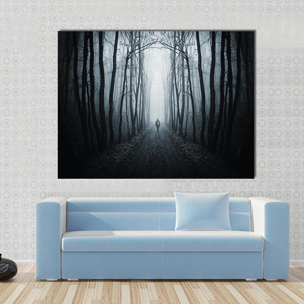 Unknown Horror Jungle Street Canvas Wall Art in black, white and gray, single panel hung on a wall