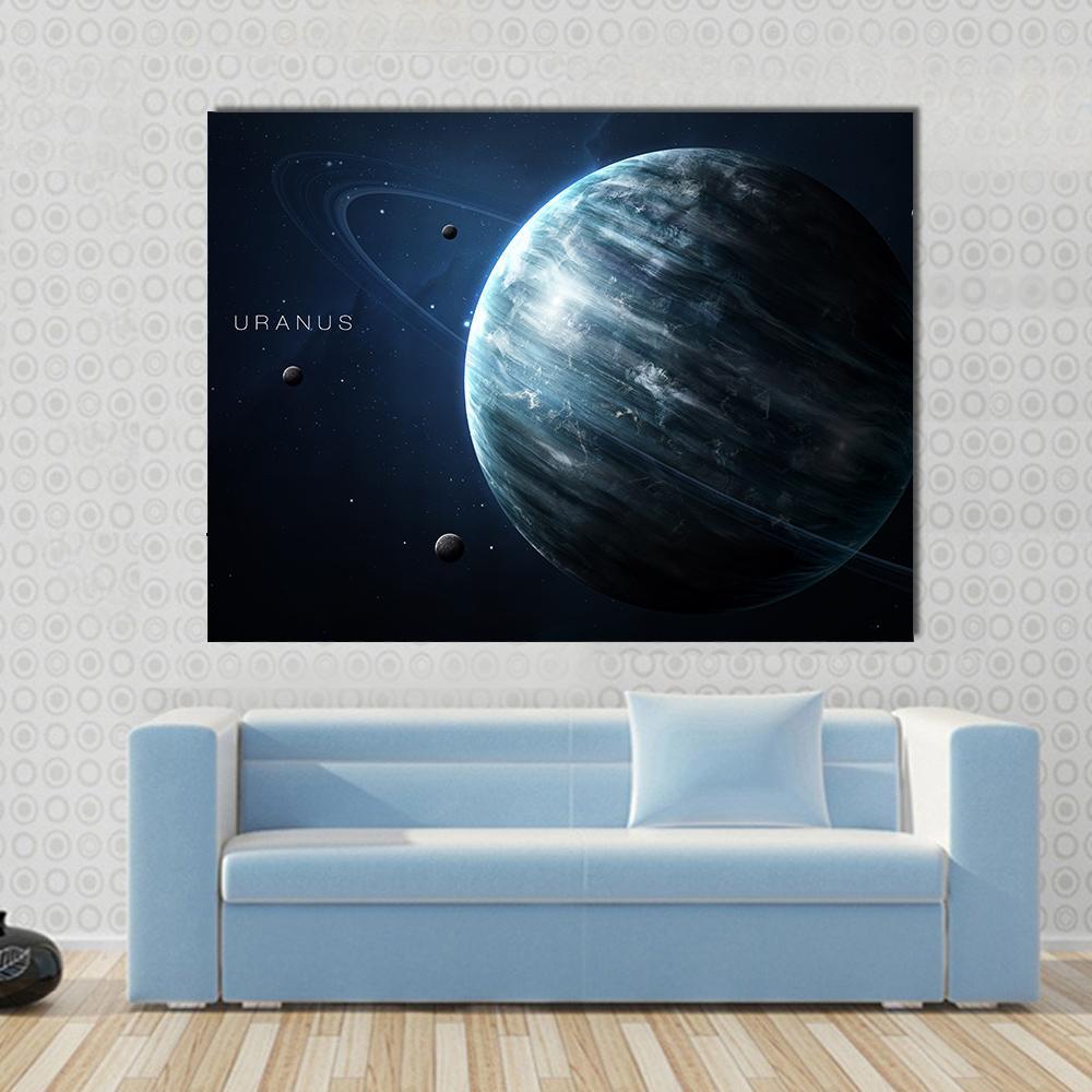 Uranus with Its Rings and Moons Canvas Wall Art in black, blue and navy, single panel hung on a wall