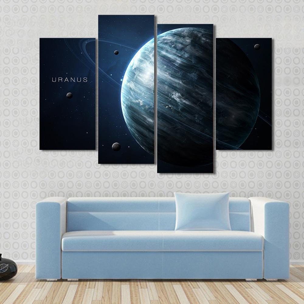 Uranus With Its Rings and Moons Canvas Wall Art-4 Pop-Gallery Wrap-50" x 32"-Tiaracle
