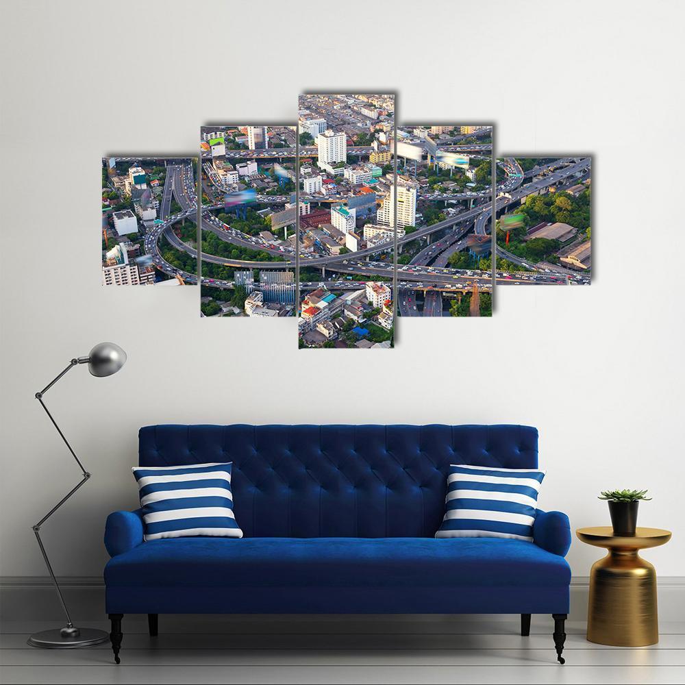 Urban Cityscape Of Busy Traffic Canvas Wall Art-5 Star-Gallery Wrap-62" x 32"-Tiaracle