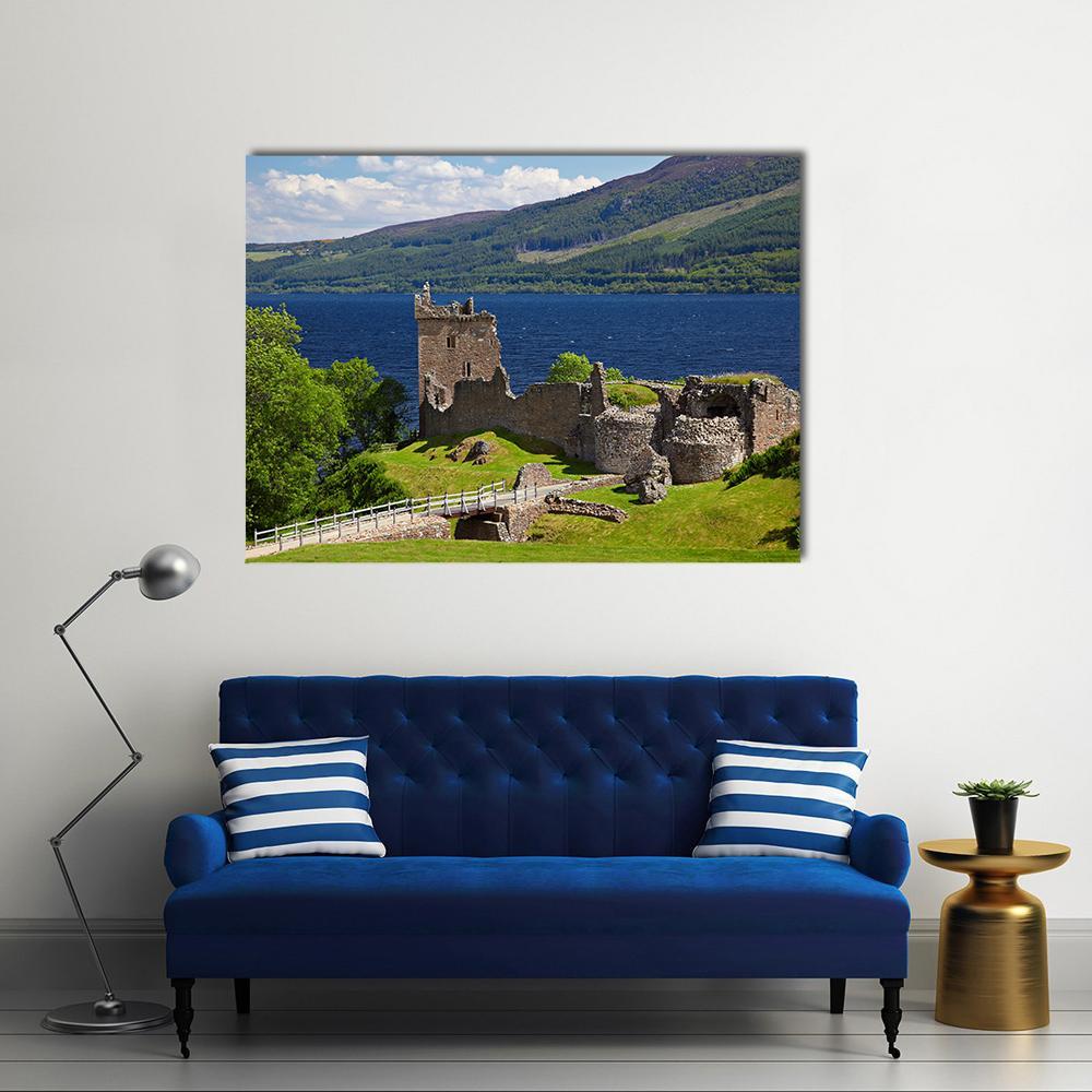 Urquhart Castle on Loch Ness Canvas Wall Art in brown, green and blue, single panel hung on a wall