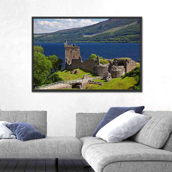 Urquhart Castle Near Loch Ness Lake Panoramic Canvas Wall Art-1 Piece-36" x 12"-Tiaracle