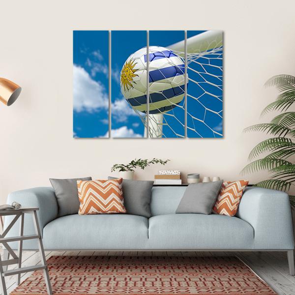 Uruguay Flag And Soccer Ball In Goal Canvas Wall Art-4 Horizontal-Gallery Wrap-34" x 24"-Tiaracle