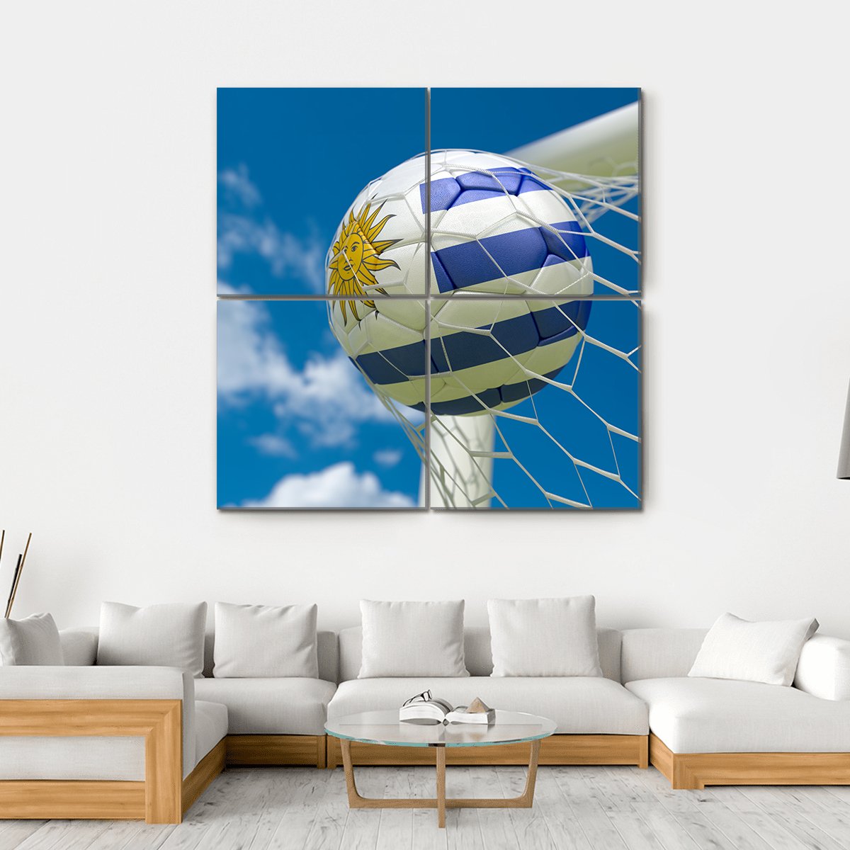 Uruguay Flag And Soccer Ball In Goal Canvas Wall Art-4 Square-Gallery Wrap-17" x 17"-Tiaracle