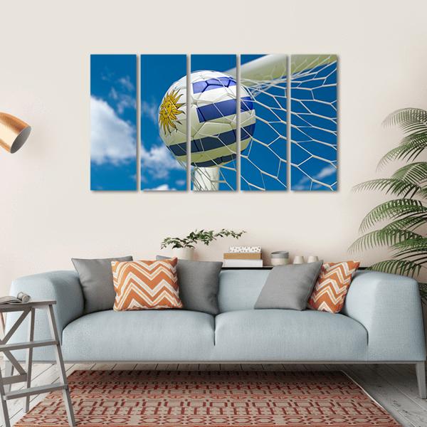 Uruguay Flag And Soccer Ball In Goal Canvas Wall Art-5 Horizontal-Gallery Wrap-22" x 12"-Tiaracle