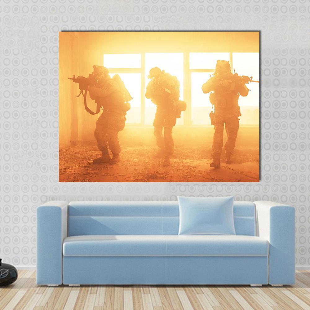 Us Army Rangers Tactical Silhouettes Canvas Wall Art in brown, orange and yellow, single panel hung on a wall