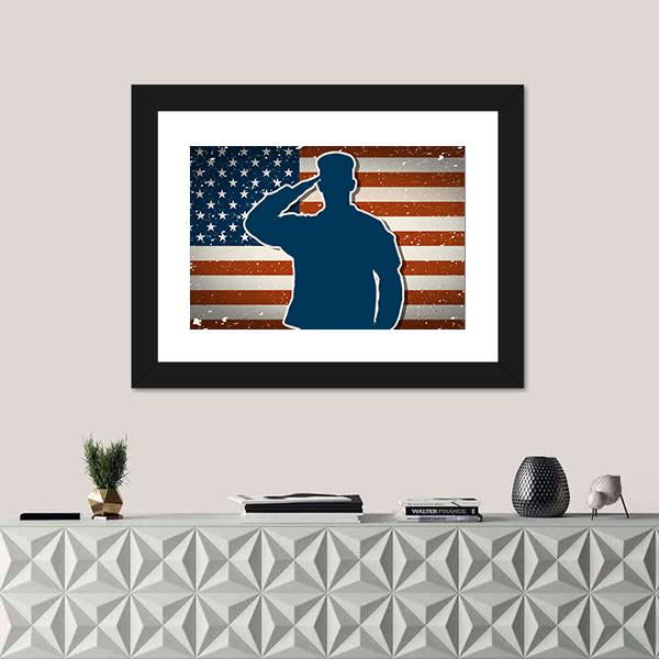 US Army Soldier Saluting On American Flag Canvas Wall Art-1 Piece-Framed Print-30" x 20"-Tiaracle