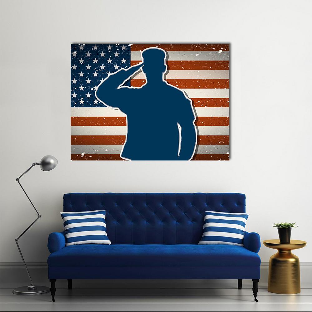 US Army Soldier Saluting On American Flag Canvas Wall Art-4 Horizontal-Gallery Wrap-34" x 24"-Tiaracle