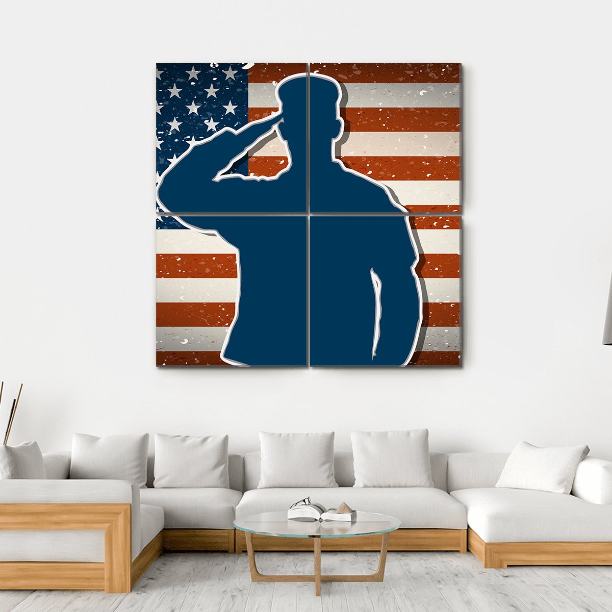 US Army Soldier Saluting On American Flag Canvas Wall Art-4 Square-Gallery Wrap-17" x 17"-Tiaracle
