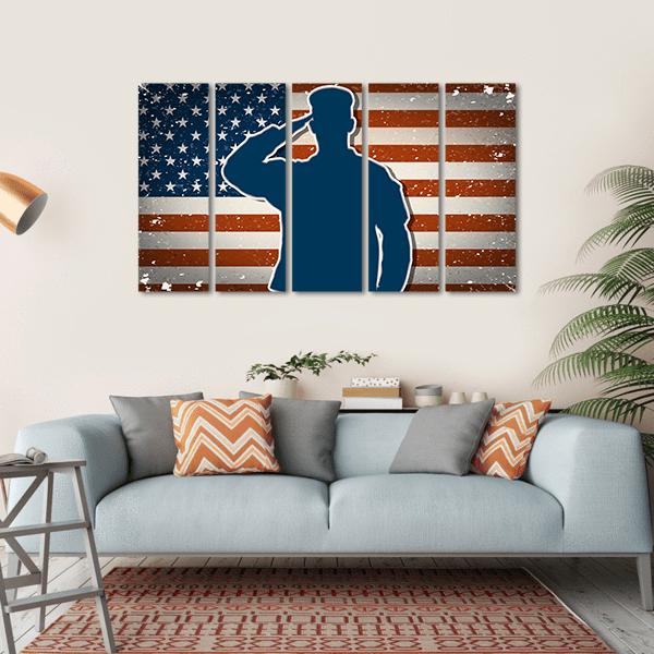 US Army Soldier Saluting On American Flag Canvas Wall Art-5 Horizontal-Gallery Wrap-22" x 12"-Tiaracle