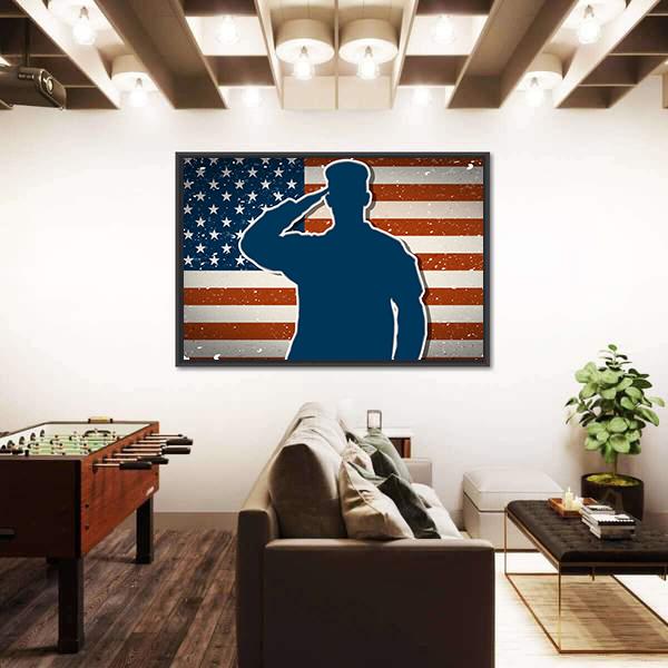 US Army Soldier Saluting On American Flag Canvas Wall Art-5 Horizontal-Gallery Wrap-22" x 12"-Tiaracle