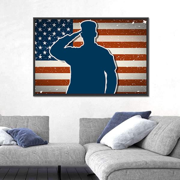 US Army Soldier Saluting On American Flag Canvas Wall Art-5 Horizontal-Gallery Wrap-22" x 12"-Tiaracle