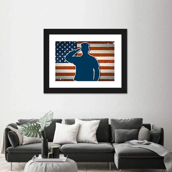 US Army Soldier Saluting On American Flag Canvas Wall Art-5 Horizontal-Gallery Wrap-22" x 12"-Tiaracle