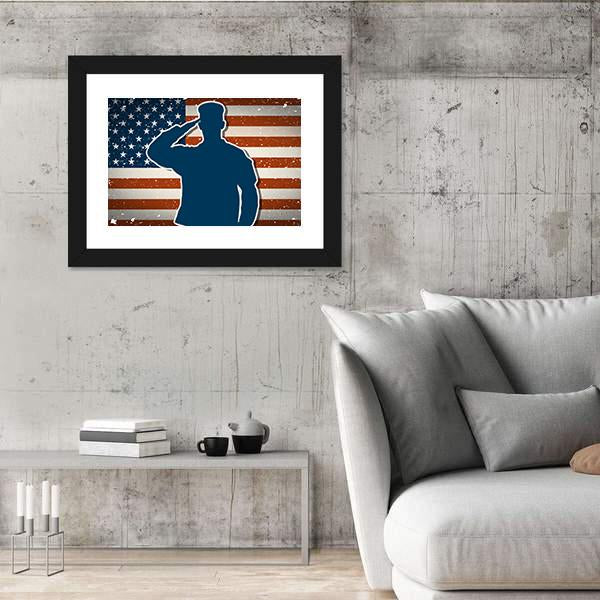 US Army Soldier Saluting On American Flag Canvas Wall Art-5 Horizontal-Gallery Wrap-22" x 12"-Tiaracle