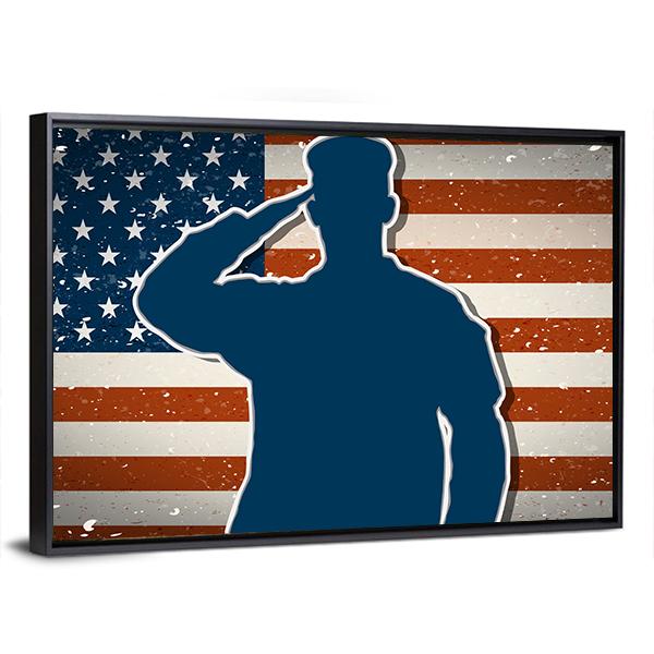 US Army Soldier Saluting On American Flag Canvas Wall Art-5 Horizontal-Gallery Wrap-22" x 12"-Tiaracle