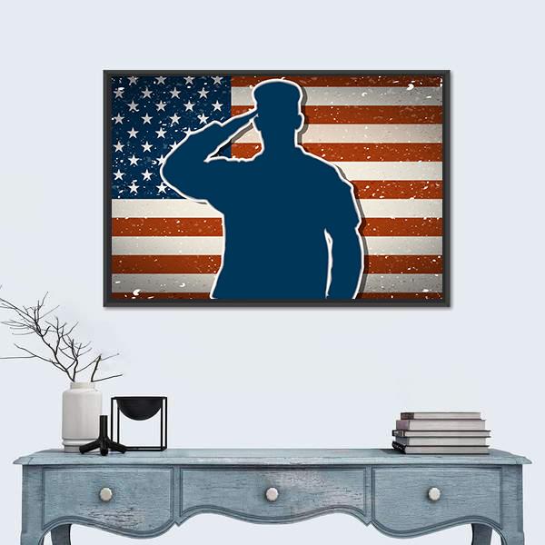 US Army Soldier Saluting On American Flag Panoramic Canvas Wall Art-1 Piece-36" x 12"-Tiaracle