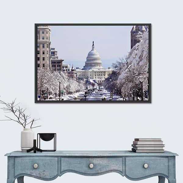 US Capital Pennsylvania Avenue After The Snow Washington DC Canvas Wall Art-1 Piece-Floating Frame-24" x 16"-Tiaracle