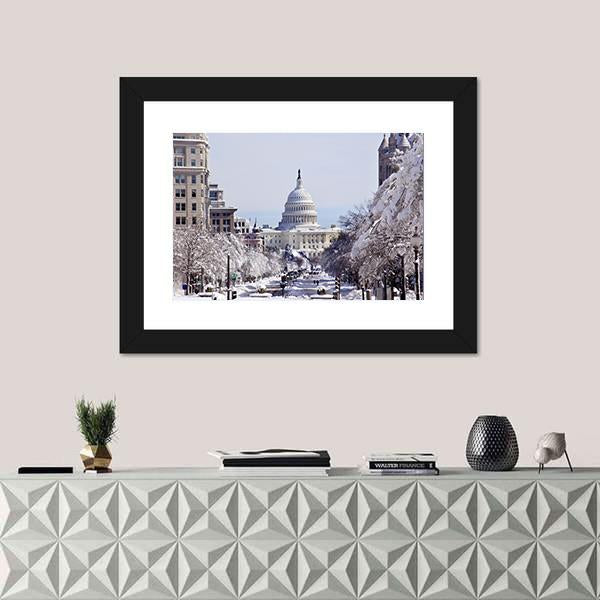 US Capital Pennsylvania Avenue After The Snow Washington DC Canvas Wall Art-1 Piece-Framed Print-20" x 16"-Tiaracle