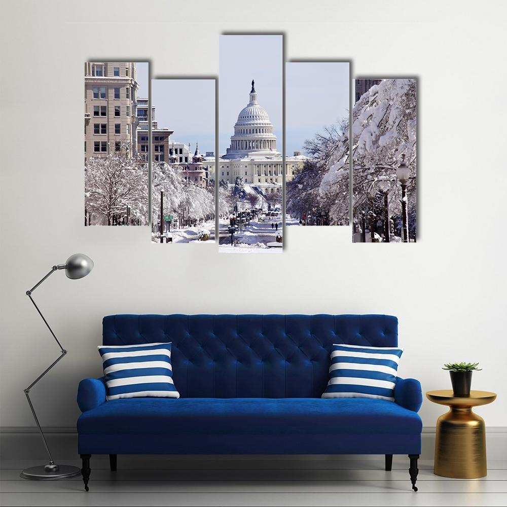 US Capital Pennsylvania Avenue After The Snow Washington DC Canvas Wall Art-5 Pop-Gallery Wrap-47" x 32"-Tiaracle