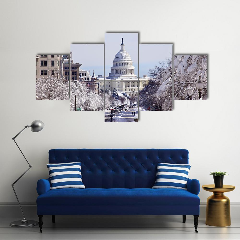 US Capital Pennsylvania Avenue After The Snow Washington DC Canvas Wall Art-5 Star-Gallery Wrap-62" x 32"-Tiaracle