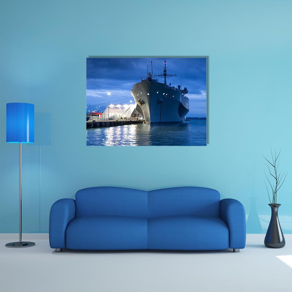 Us Navy Vessel at Night Canvas Wall Art in gray, blue and navy, single panel hung on a wall