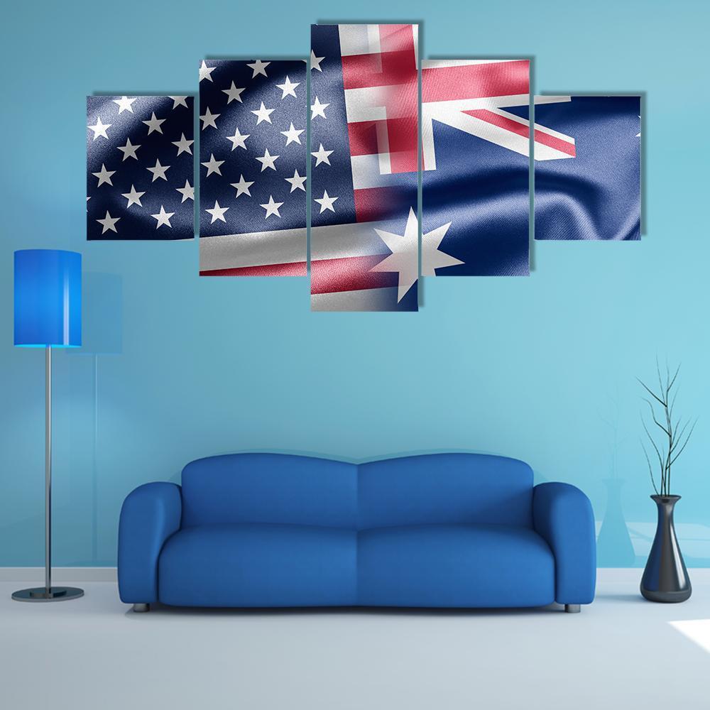 USA And Australia Flag Canvas Wall Art-5 Star-Gallery Wrap-62" x 32"-Tiaracle