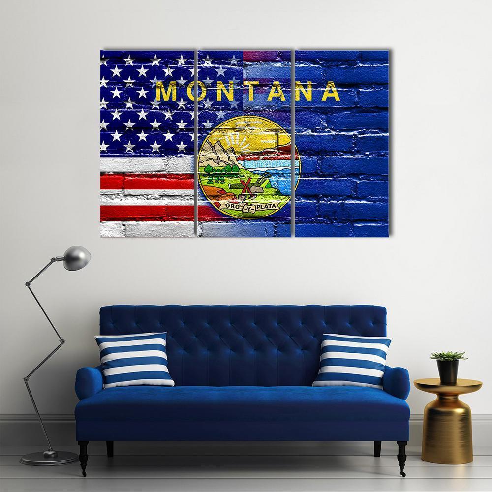 USA And Montana State Flag Canvas Wall Art-3 Horizontal-Gallery Wrap-37" x 24"-Tiaracle