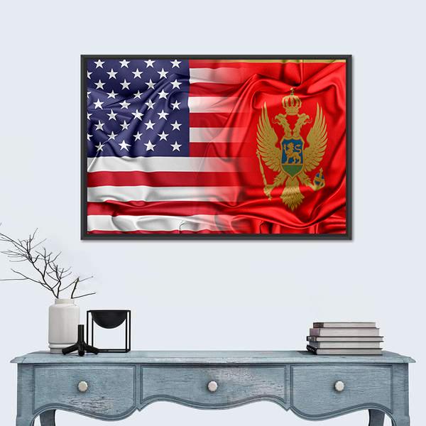 Usa and Montenegro Flags Canvas Wall Art in gold, red and blue, framed canvas, product view on a white background