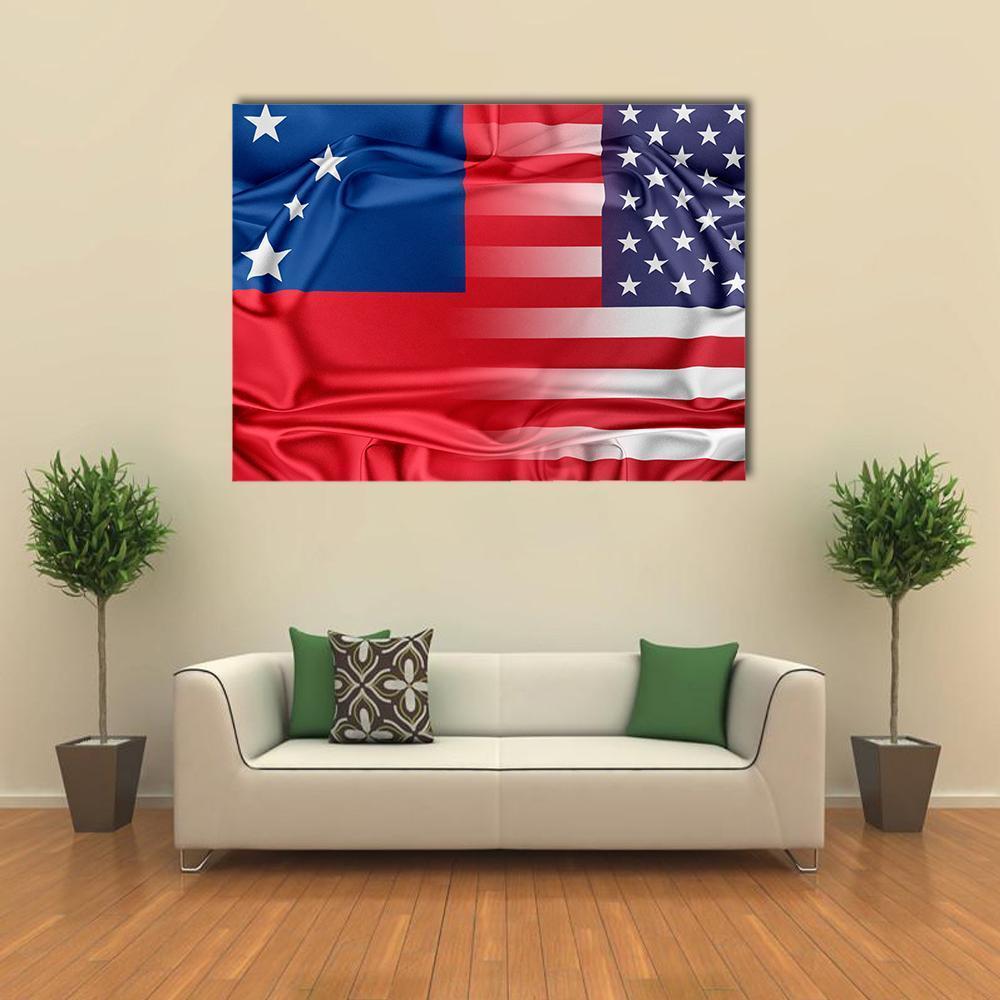 American and Samoan Flag Composite Canvas Wall Art in white, red and blue, single panel hung on a wall